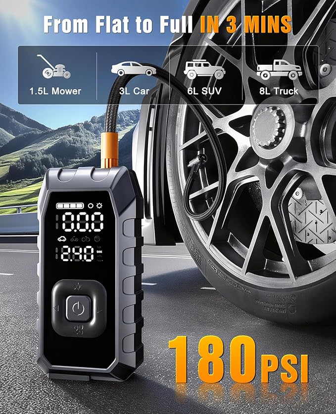 Portable Jump Pack with Air Compressor,65W Fast Charge 180PSI Cordless Electric Tire Inflator with Digital Pressure Gauge,Jump Starter Auto-Off for Car Bicycle Inflatable,Battery Booster with Light