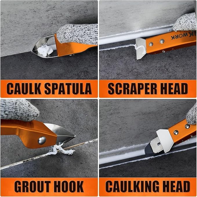 THINKWORK Caulking Tool Kit, 4 in 1 Caulk Remover Tool, Stainless Steel Caulk Tool for Kitchen Bathroom Window Sink Tile Joint, Orange