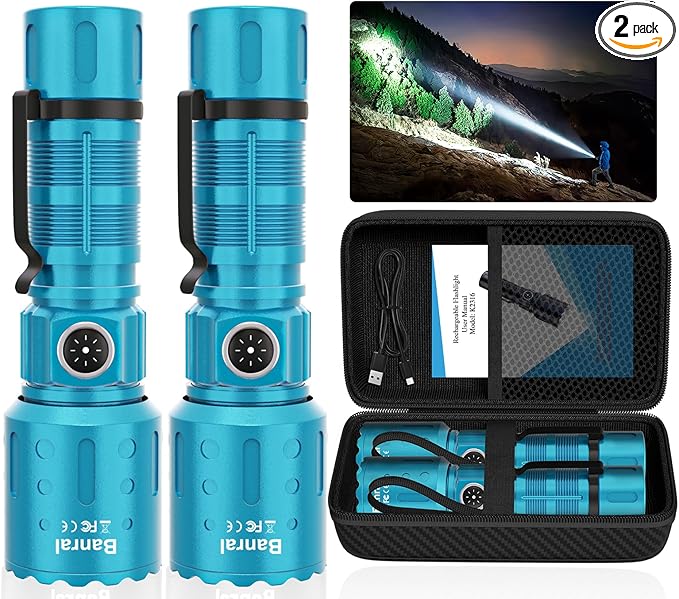 Flashlights High Lumens Rechargeable, Super Bright Long Range Small Powerful Flashlight, 6 Modes LED Tactical Pocket Waterproof Flash Light for Home Emergency (2, Turquoise)