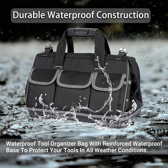 Heavy-Duty Tool Bag with 16 Pockets, 16-Inch Waterproof Tool Organizer with Reinforced Base, Adjustable Shoulder Strap, Ideal for Electricians, Carpenters, DIY Projects, Father's Day Birthday Gift