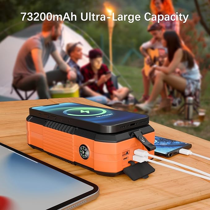 Solar Charger Wireless Power Bank 73200mAh Built in 2 Cables and Hand Crank, Portable Charger 22.5W Fast Charger 6 Outputs & 4 Inputs External Battery Pack with Bright Flashlight and Compass