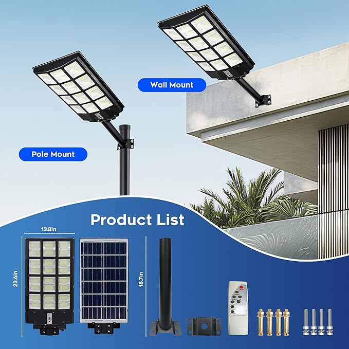 Solar Street Lights Outdoor - 8000K Commercial Parking Lot Lights Dusk to Dawn, Waterproof Solar Security Flood Lights with Motion Sensor and Remote for Yard, Garage, Driveway