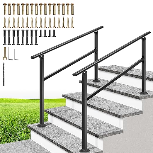 VIVOHOME 2-Pack 4 Step Hand Rails for Outdoor Steps, Galvanized Steel Railing, Black Oval Exterior Hand Railing for Porch, Deck, or Indoor Stairs, Railing Kit