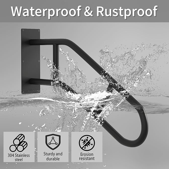 Hand Rails for Outdoor Steps U-Shaped, Black Iron Stair Railing Indoor 1-3 Step, Wall Mounted Railing for Stairs, Stair Handrail for Elderly, Kids, Pregnant Women, Porch Deck Garden Grab Bar -1 Pack