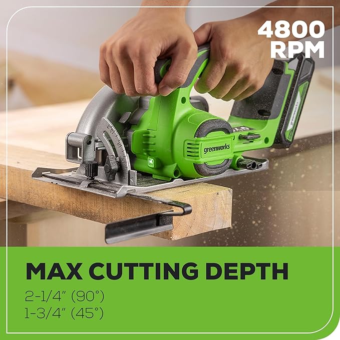 Greenworks 24V Circular Saw,Brushless 6-1/2"Battery Circular saw Cordless,4,800 RPM,Adjustable Cutting Depth 45°/90°,With 24V 2Ah Battery and Charger