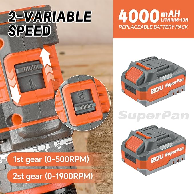 Cordless Drill Driver Kit, 20V High Performance, 1/2'' Keyless Chuck, 2×4.0 Ah Li-ion Battery, 2 Variable Speed Control, 20+1 Torque Setting, Versatile Drills For Electric Drilling and Screwing