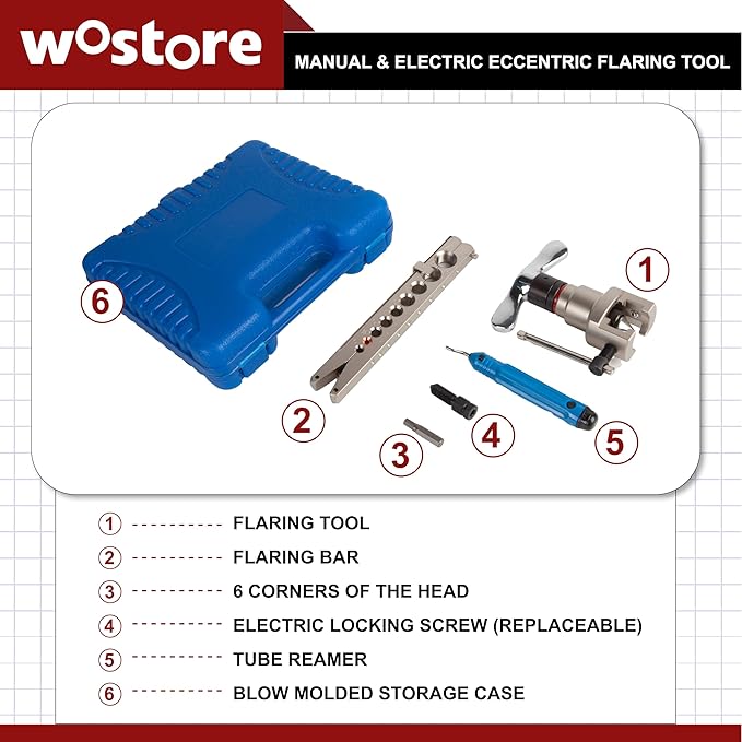 Wostore Manual & Electric Eccentric Flaring Tool - 9 Dies for Eccentric Flares on 6mm,1/4",9mm,3/8",10mm,12mm,1/2",5/8"(16mm)&3/4"(19mm) Copper Pipes - Ideal for Refrigeration HVAC Plumping Work…