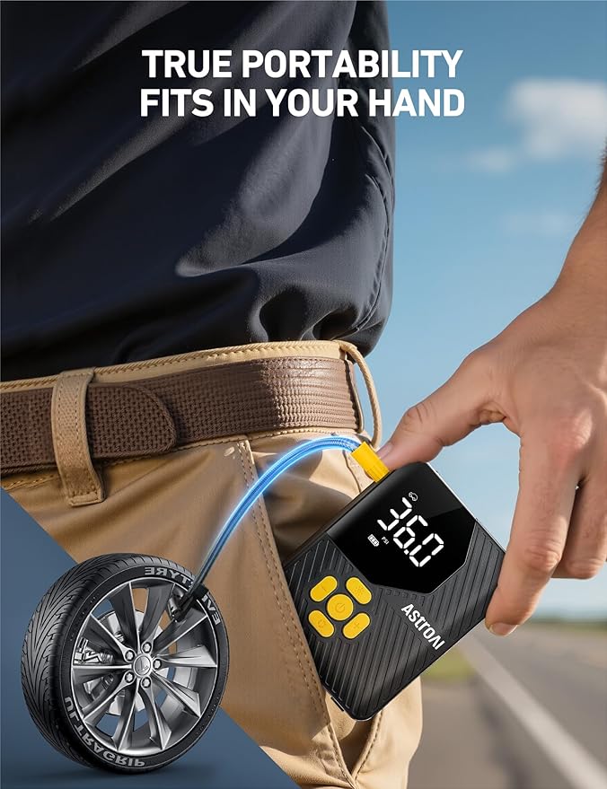 AstroAI L7 Mini Tire Inflator Portable Air Compressor,150 PSI Cordless Car Tires Air Pump with LED Lights&Pressure Gauge,Auto Shut-Off - Tire Pump for Auto,Motorcycle, Bicycle, Ball Yellow