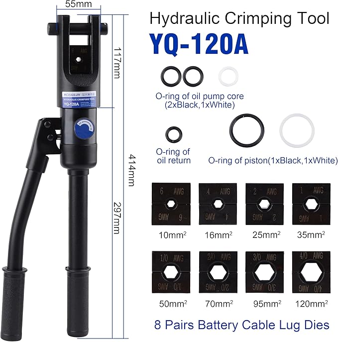 6.5 Tons HYDRAULIC CRIMPING TOOL Crimper with 8 Pairs of Dies,360 degree rotating head crimping tool, Battery Cable Ends Ring TerminalsEasy to Operate Hydraulic Wire Crimping Tool Kit for Wire Rope,