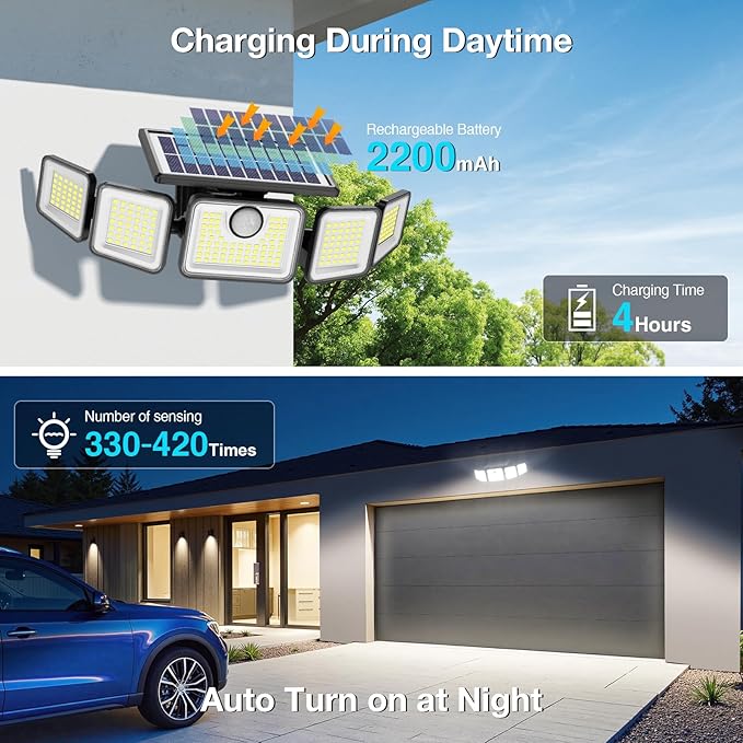 6000LM Solar Lights Outdoor, Solar Flood Lights Outdoor, 230 LED 5 Heads Motion Sensor Lights Waterproof with Remote Control for Outside Yard House Patio 2 Pack