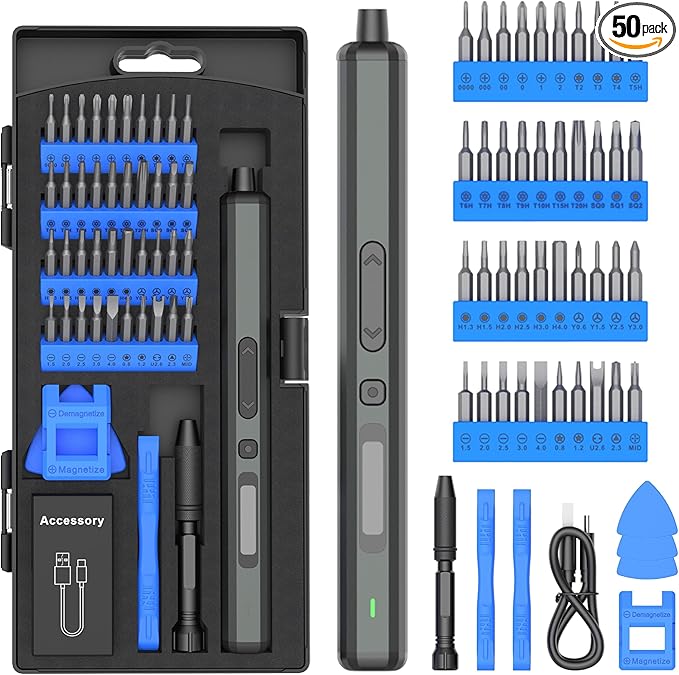 Blue Mini Electric Screwdriver - 50 in 1 Electric Screwdriver Kit Aluminum Square Handle with 3 LED Lights, Speed Adjustment, Hand Power Switch, Strong Magnetic Bits for Electronics Repair