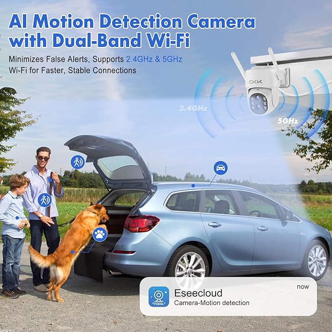 CKK 【Dual Wi-Fi, Dual Lens】 Wireless Security Camera System, 4PCS Outdoor Dual Lens PTZ Cameras Plug & Play for 24/7 Recording, AI Motion Detection/Color Night Vision, 2.4G/5G WiFi, and 1TB HDD.