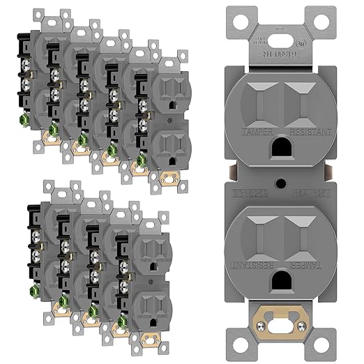 ENERLITES Tamper-Resistant Child Safe Duplex Receptacle Outlet, Residential Grade Electrical Wall Outlets, 3-Wire, Self-Grounding, 2-Pole, 15A 125V, UL Listed, 61580-TR-GY-10PCS, Gray (10 Pack)