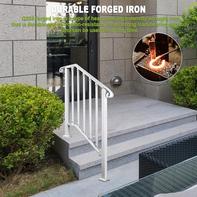 Adjustable Handrails for Outdoor Steps, Handrail Picket #2 Hand Rails for Outdoor 2 or 3 Steps, Mattle Wrought Iron Handrail, Stair Rail with Installation Kit for Outdoor Steps, White