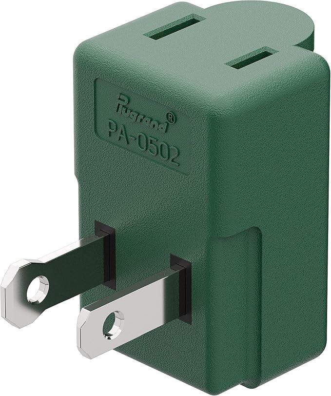 Right Angle Adapter,2-Prong 90 Degree Downward Angled AC Adapter, Polarized 2-Prong L Type Adapter, Vertical Right Angled Down Angle Power Adapter, PA-0502G Green Color