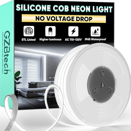 GZBtech Silicone COB Neon Rope Lights 66FT/20M, 6000K Super Bright Cold White Waterproof Neon Strip Light, AC 110-120V Flexible Soft Cuttable Tape Rope Lighting for Indoor Outdoor Home Commercial