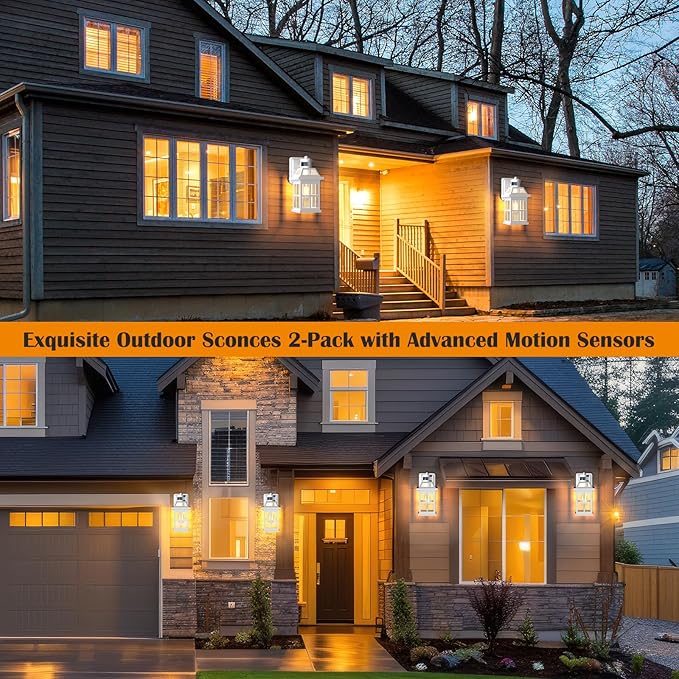 White Motion Sensor Outdoor Porch Lights Upgraded, Anti-Rust Aluminum Wall Mounted Light Fixtures Coastal Exterior Lights Wall Lantern Sconces Dusk to Dawn Outdoor Lighting, ETL Certified