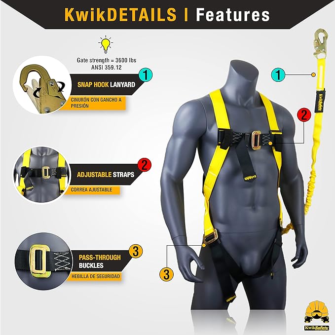 KwikSafety - SCORPION Safety Harness [w/Attached 6ft Lanyard] Safety Harness Fall Protection Kit ANSI OSHA