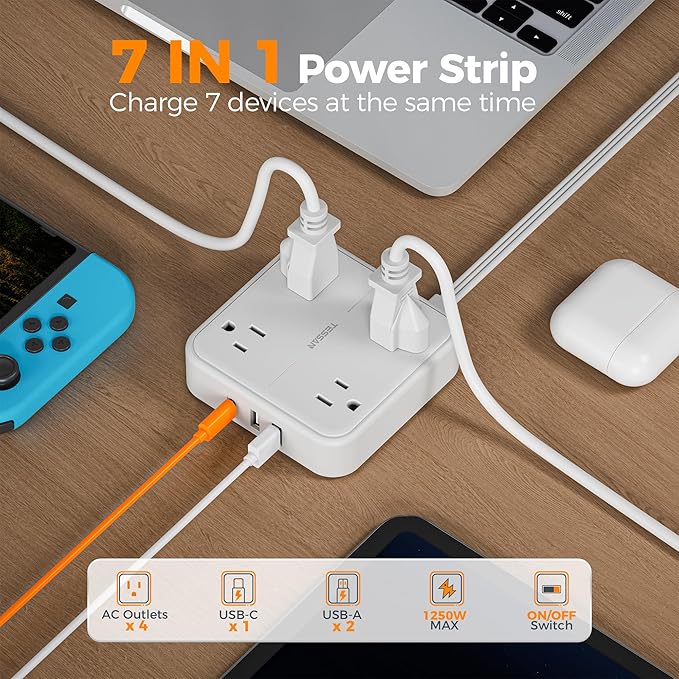 Surge Protector Flat Extension Cord 10FT, TESSAN Flat Plug Power Strip with 4 Outlets 3 USB Ports (1 USB C), 900 Joules Protection, Multiple Wall Outlet Extender Suitable for Home Office Dorm, White