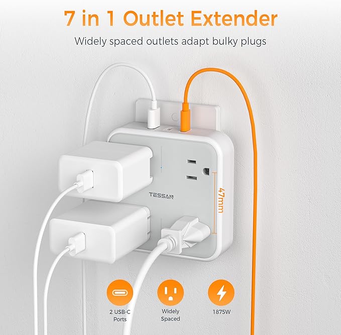 Multi Plug Outlet Extender, TESSAN 4 Outlet Splitter 3 USB Wall Charging Ports (2 USB C), Wide Spaced Multiple Expander Surge Protector for Office, Home, College Dorm Room