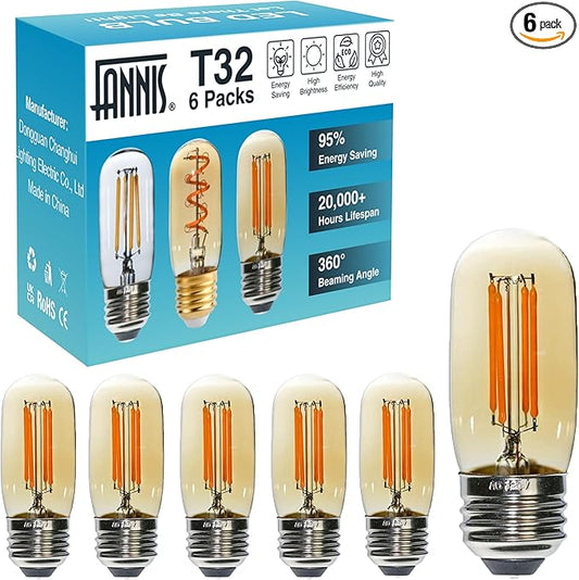 6 Pack T32 T12 Dimmable Tube LED Bulb, 4W Equivalent to 40W Amber Glass Warm E26 Base for Chandeliers, Wall sconces, Floor Lamps, Table Lamps and Other Indoor Lighting fixtures