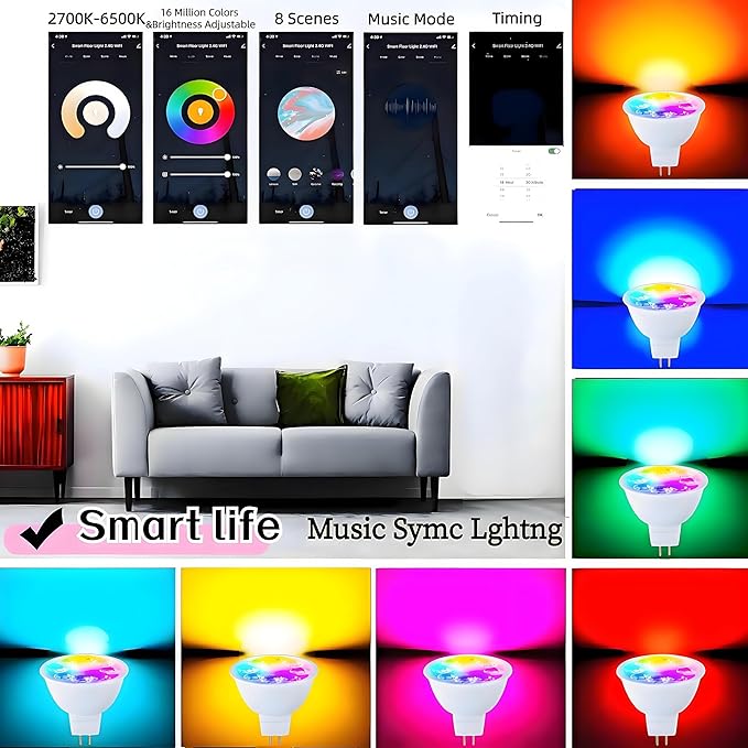 Smart MR16 GU5.3 LED Bulb,GU5.3 Light Bulbs,Dimmable Color Changing Light Bulbs,12Volt Gu5.3 Bi-Pin Base,WiFi & Bluetooth LED Bulbs Work with Alexa,Google Assistant,16Million Colors Syncs with Music.