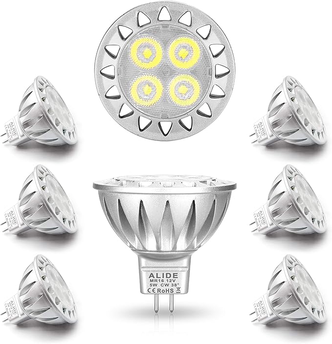 ALIDE MR16 Led Bulbs 6000K Daylight Bright Cool White 5W,Replace 20W 35W Halogen Equivalent,12V MR16 GU5.3 Low Voltage Bulb for Outdoor Landscape Track Ceil Lighting,Not Dimmable,450lm,38 Deg,6 Pack