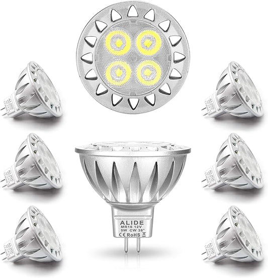 ALIDE MR16 Led Bulbs 6000K Daylight Bright Cool White 5W,Replace 20W 35W Halogen Equivalent,12V MR16 GU5.3 Low Voltage Bulb for Outdoor Landscape Track Ceil Lighting,Not Dimmable,450lm,38 Deg,6 Pack