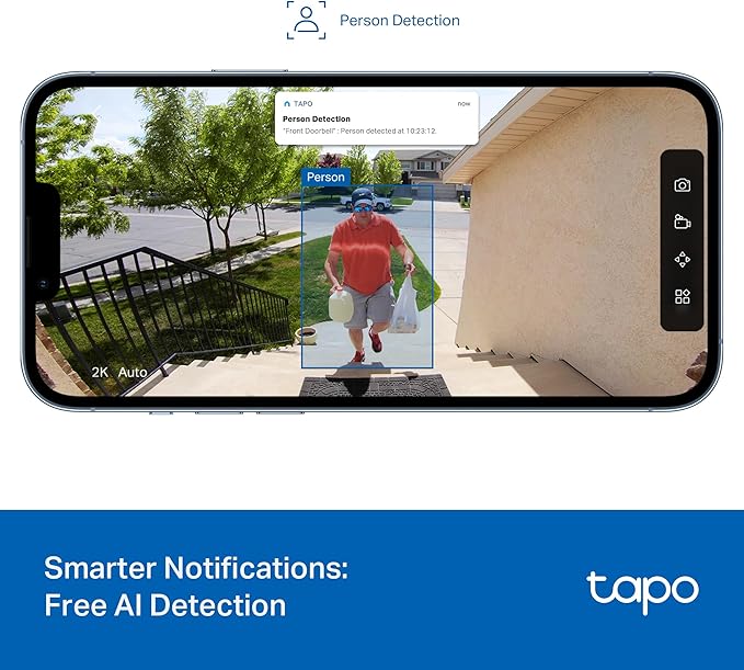 Tapo Smart Video Wireless Doorbell Camera - 2K, 160° Ultra-Wide View, Up to 180 Days Battery, Alexa, Google Assistant Compatible, Free AI Person Detection, IP54, SD/Cloud Storage, D205