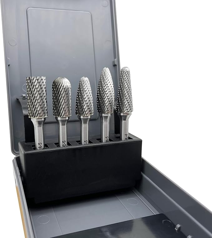 Carbide Burrs Set 5pcs, Double Cut Solid Carbide Rotary Burr Set 1/4" Shank for Die Grinder Drill,Metal Carving, Polishing,Engraving,Drilling by LU&MN