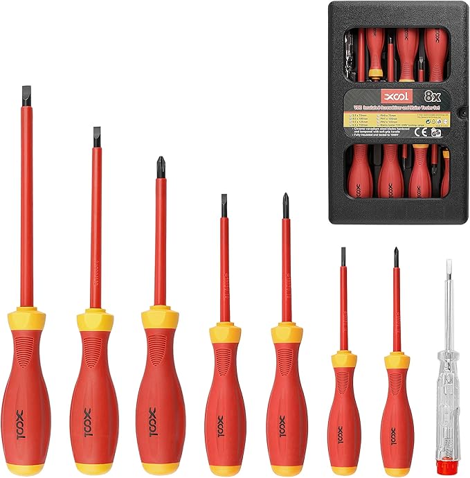 XOOL 1000V Insulated Electrician Screwdriver Set, 8-Piece with Magnetic Tips, Non-Slip Handle, Slotted & Phillips, Chrome Vanadium Steel, VDE & GS Certified for Safe Electrical Work