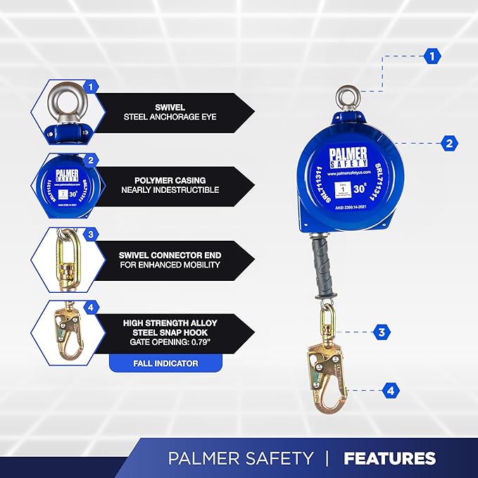 Palmer Safety SRD 30 FT. Self Retracting Lifeline I ANSI Z359.14-2021 Class 1 I SRL Device Swivel Top Galvanized Cable w/Small Steel Snap Hook I Fall Arrest Safety Yoyo