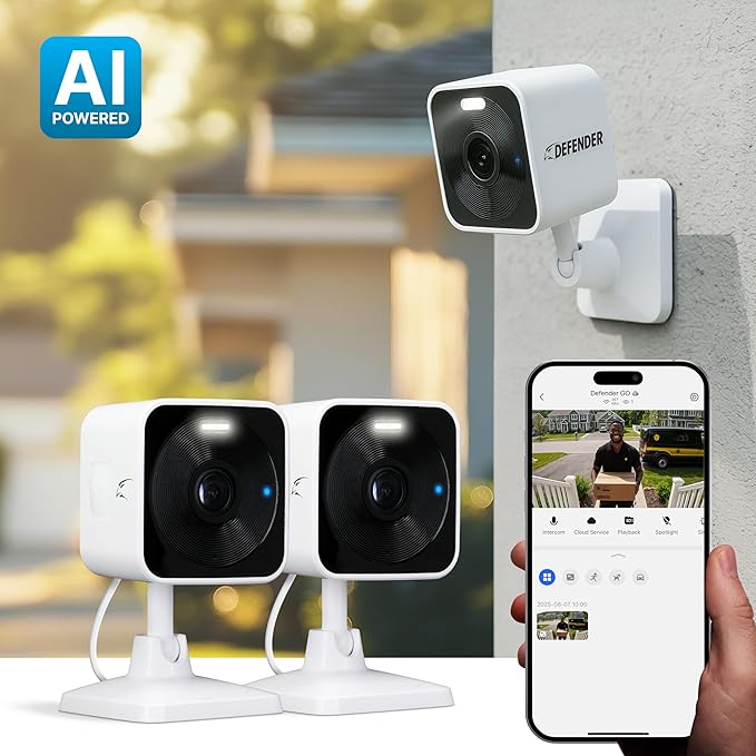 Defender GO 2K AI Powered Plug-in Indoor/Outdoor Home, Business, Pet, Baby Camera, AI Detection, Gigaxtreme Next-Gen Dual Band Connection, Spotlight/Siren, Color Night Vision, ClearVu App, 2 Pack