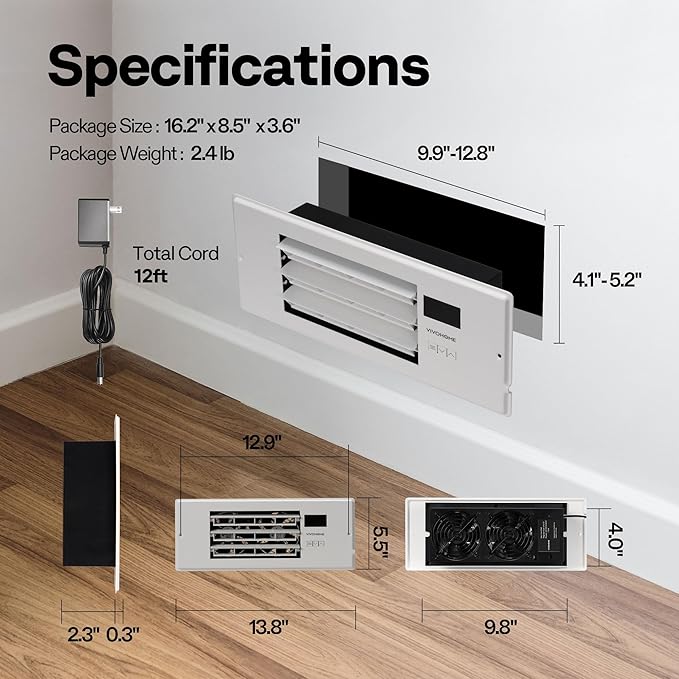 VIVOHOME 4'' x 12'' Opening Register Booster Fan with Adjustable Wind Direction Louver, Smart Intelligent Thermostat & 10-Speed Remote Control - 13.8" x 5.5" Vent Cover for Room, Floor, Wall - White