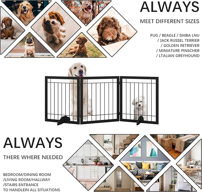 JSB 72-inch Extra Wide 28-inch Tall Dog gate, Freestanding Pet Gate for Halls, Stairs & Home, Pet Puppy Safety Dog Fence with 2PCS Support Feet (Black)