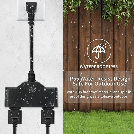 15A Outdoor Smart Plug, Heavy Duty Smart Home Wi-Fi Outlet Timer, Outlet with 2 Sockets, Wireless Remote Control, Compatible with Alexa & Google for String Light and Motors, 2.4 GHZ, Black