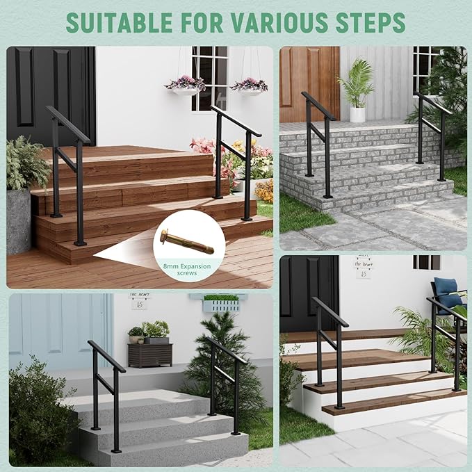 2 Pack Hand Rails for Outdoor Steps,1-2 Step Railing for Stairs,Adjustable Porch Railing,Hand Rails for Seniors,Outdoor Deck Handrails for Exterior Steps,Black