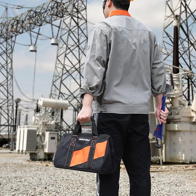 ValueMax 13-Inch Small Tool Bag, Wide Mouth Tool Bag with 12 Storage Pockets, Heavy Duty Orange Tool Tote Organizer