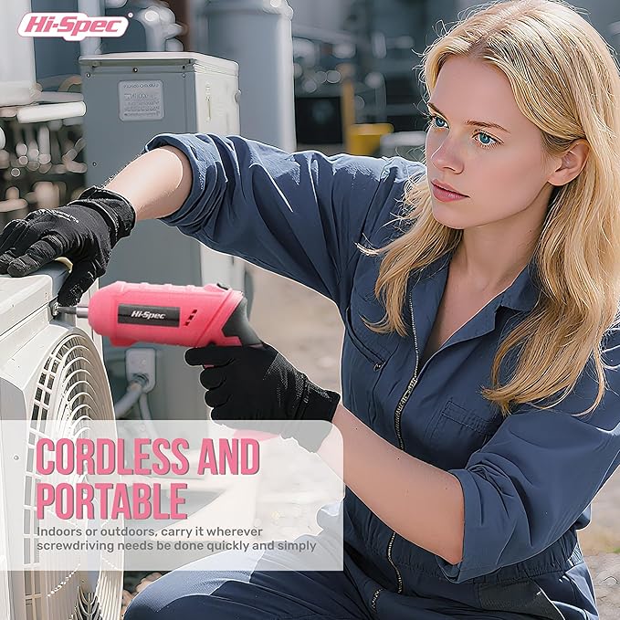 Hi-Spec 42pc Pink 4V USB Electric Power Driver & Household Tool Kit. Cordless Power Screwdriver and Hand Tools in a Compact Box Case