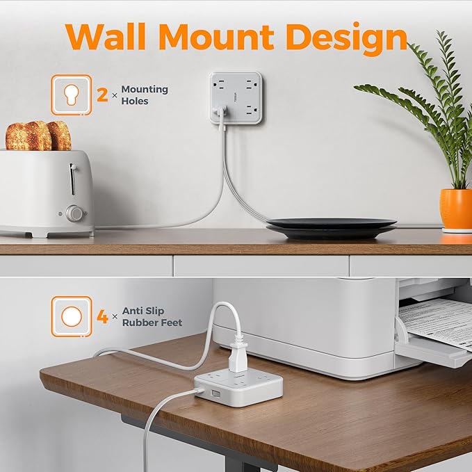 TESSAN Surge Protector Flat Extension Cord 5Ft, Flat Plug Power Strip with 4 Outlets 3 USB Ports (1 USB C), 900 Joules Protection, Multiple Wall Outlet Extender Suitable for Home Office Dorm, Grey