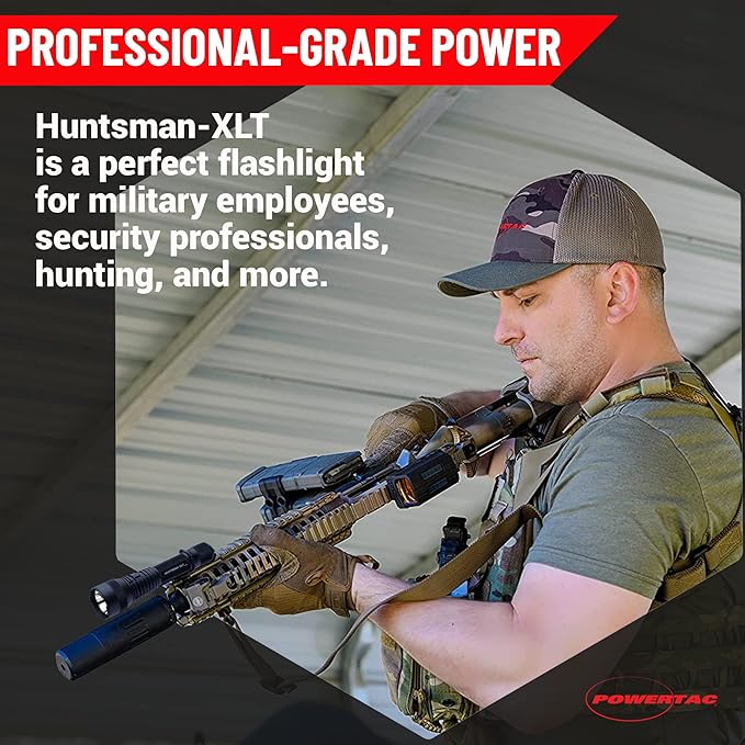 POWERTAC Huntsman-XLT LED Light - Rechargeable LED Flashlight Long Throw Spotlight Tactical Flashlights Super Bright Flashlight Flash Light EDC Gear Flashlights High Lumens Camping Supplies 1200 Lumen