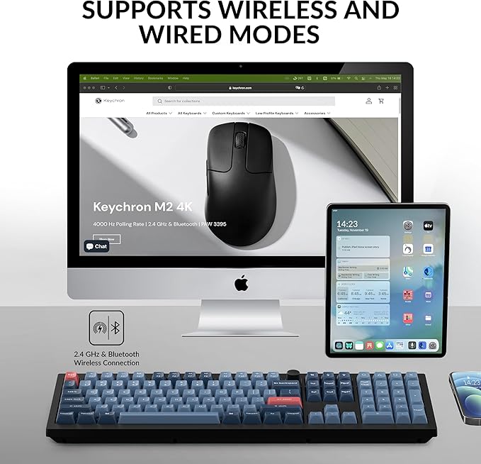 Keychron V6 Max Wireless Custom Mechanical Keyboard, 2.4 GHz Bluetooth QMK Full-Size Layout RGB with Hot-swappable Gateron Red Switch Compatible with Mac Windows Linux