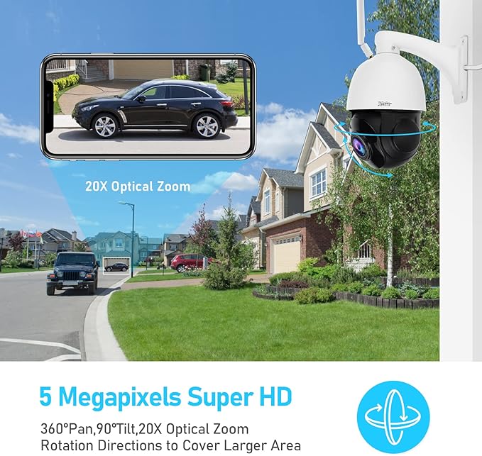 PTZ Camera Outdoor,5MP 20X Optical Zoom WiFi IP Camera with 360° Rotate and 1000ft View Distance/Human Detection & Auto Tracking/Two Way Audio/IP66 Waterproof/Night Vision