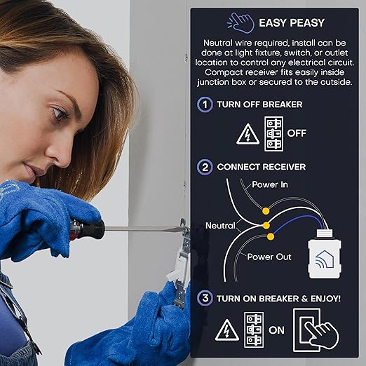 RunLessWire Single Pole Detachable Battery-Free Wireless Light Switch Kit 150ft RF Range for DIY Home Electrical Projects: 1 Removable Magnetic Remote Switch Controls 1 5A On/Off Receiver - White