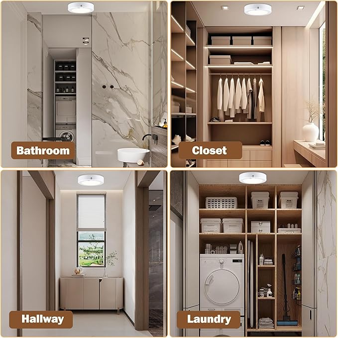 LIT-PaTH Battery Operated Motion Sensor LED Ceiling Light, 5000K 6.1inch 140 Lumens Battery Powered Wireless Motion Ceiling Light for Hallway Laundry Stair Pantry,4-Pack (Battery Not Included)