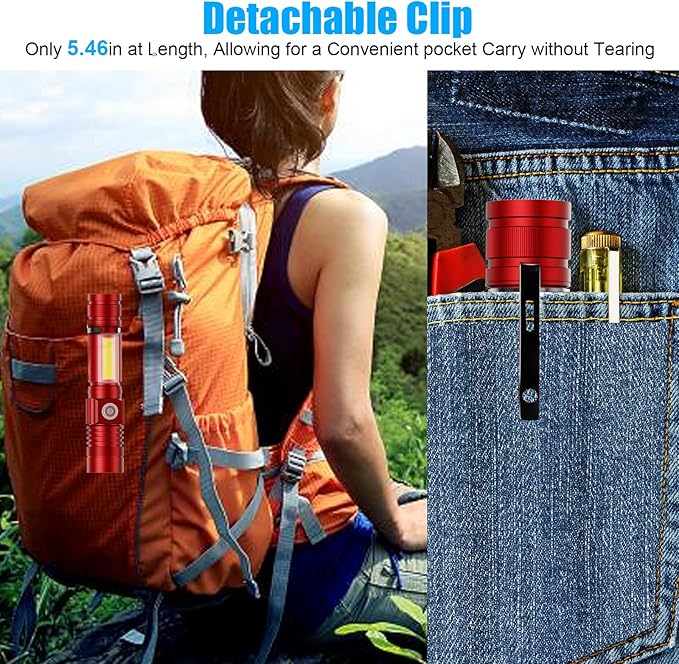 Hoxida Flashlight USB Rechargeable, Magnetic LED Flashlight, Super Bright LED Tactical Flashlight with Cob Sidelight, Waterproof, Zoomable Best Small LED Flashlight for Camping, Emergency -Red