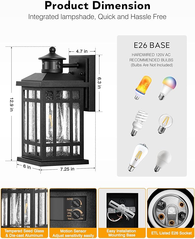 Motion Sensor Outdoor Wall Light, Adjustable Sensing Range Outside Lights for House, Black Dawn to Dusk Sconce Lights for Patio, Anti-Rust Waterproof Porch Lantern Wall Mount with Bubble Glass