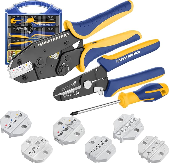 haisstronica Crimping Tool Set - 6PCS Crimping Die for Heat Shrink,Insulated Nylon,Non-Insulated,Ferrule Wire End,Open Barrel Terminals,Solar Connectors - with Wire Stripper Tool and Screwdriver
