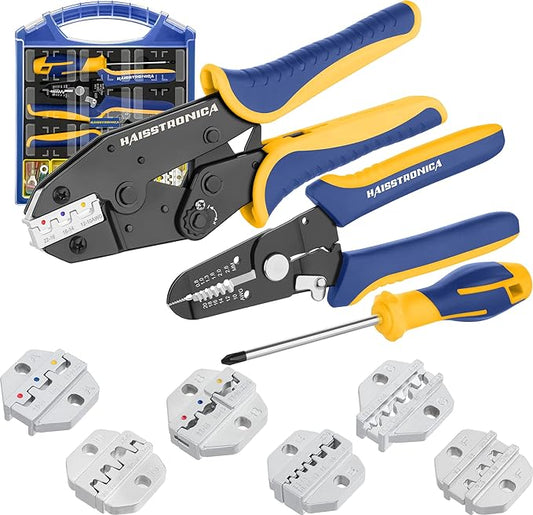 haisstronica Crimping Tool Set - 6PCS Crimping Die for Heat Shrink,Insulated Nylon,Non-Insulated,Ferrule Wire End,Open Barrel Terminals,Solar Connectors - with Wire Stripper Tool and Screwdriver