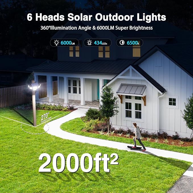 6000LM Solar Lights Outdoor Waterproof, 6 Heads Solar Flood Lights Outdoor with 2 Motion Sensor, 310 LED Motion Light with Remote Control for Yard Outside House Patio 2 Pack